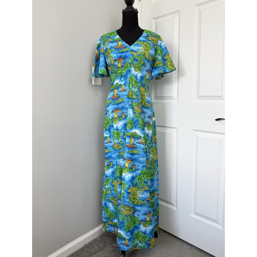 Vtg Royal Hawaiian Maxi Dress 14 Palm Tropical Beach Resort Vacation Luau Retro